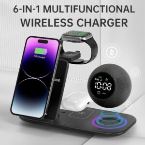 6-in-1 Wireless Charging Station with clock alarm Bluetooth Speaker night light